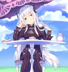 Rule 34 | 1girl, absurdres, black capelet, black dress, blue sky, book, breasts, capelet, chair, closed mouth, cloud, colored eyelashes, commentary, cup, cupcake, dress, echidna (re:zero), english commentary, food, hair between eyes, hair ornament, head tilt, highres, holding, holding cup, long dress, long hair, long sleeves, looking at viewer, plate, re:zero kara hajimeru isekai seikatsu, sitting, sky, smile, solo, striped clothes, striped dress, table, teapot, umbrella, vertical-striped clothes, vertical-striped dress, very long hair, white hair, yaya chan