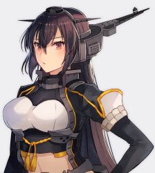 Rule 34 | 1girl, black gloves, black hair, breasts, brown eyes, elbow gloves, gloves, grey background, hair between eyes, hand on own hip, headgear, highres, kantai collection, kasumi (skchkko), large breasts, long hair, nagato (kancolle), nagato kai ni (kancolle), open mouth, partially fingerless gloves, simple background, solo, upper body