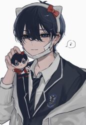 Rule 34 | 1boy, bag, bandage on face, bandages, black hair, blazer, blue eyes, blue lock, character doll, closed mouth, collared shirt, commentary request, doll, drawstring, ear piercing, earrings, hair between eyes, headband, hello kitty, highres, holding, holding doll, isagi yoichi, jacket, jewelry, lapels, long sleeves, male focus, mask, moguu oo0, mouth mask, musical note, necktie, piercing, sanrio, shirt, smile, solo, spoken musical note, striped necktie, white background