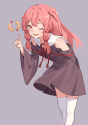 Rule 34 | 1girl, bare shoulders, black dress, black sleeves, blush, detached sleeves, dress, fang, feet out of frame, food, grey background, highres, index finger raised, kotonoha akane, long hair, looking at viewer, one eye closed, one side up, open mouth, pink eyes, pink hair, shrimp, shrimp tempura, simple background, skin fang, smile, solo, tempura, thighhighs, voiceroid, white thighhighs, wide sleeves, yamamomo (plank)