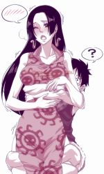 Rule 34 | 1boy, 1girl, ?, black hair, blush, boa hancock, breasts, china dress, chinese clothes, cleavage, dress, earrings, hat, hetero, highres, hug, impel down, jewelry, jolly roger, large breasts, long hair, monkey d. luffy, monochrome, one piece, pirate, rubber, scar, side slit, simple background, straw hat, watermark, white background