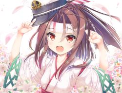 Rule 34 | 1girl, :d, brown eyes, collarbone, commentary request, flower, hachimaki, hat, headband, high ponytail, japanese clothes, kantai collection, kimono, light brown hair, long hair, open mouth, peaked cap, petals, pink flower, smile, solo, tenmu shinryuusai, white flower, white kimono, wide sleeves, yellow flower, zuihou (kancolle)