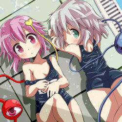 Rule 34 | 2girls, alternate costume, alternate hairstyle, ass, bare shoulders, blush, breasts, cleavage, eyeball, female focus, givuchoko, green eyes, highres, komeiji koishi, komeiji satori, looking at viewer, lying, multiple girls, no headwear, no headwear, off shoulder, on back, on stomach, one-piece swimsuit, pink eyes, pink hair, school swimsuit, short hair, siblings, silver hair, sisters, small breasts, smile, strap slip, swimsuit, third eye, touhou, wet