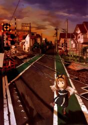 Rule 34 | 1girl, :o, abe yoshitoshi, absurdres, ahoge, black dress, brown hair, building, child, cloud, dress, evening, hairband, highres, house, long hair, long sleeves, non-web source, original, outdoors, outstretched arms, power lines, railroad crossing, railroad tracks, red eyes, red footwear, road, scan, scenery, shirt, shoe soles, shoes, sky, solo, standing, standing on one leg, street, striped clothes, striped shirt, sunset, utility pole, white shirt