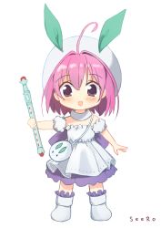 Rule 34 | 1girl, :d, ahoge, artist name, bag, bare shoulders, blush, boots, brown eyes, chibi, chicchana yukitsukai sugar, commentary request, detached sleeves, dress, full body, hair between eyes, hair intakes, hat, holding, holding instrument, instrument, open mouth, pink hair, puffy short sleeves, puffy sleeves, seero, short sleeves, shoulder bag, simple background, smile, snow rabbit, solo, standing, strapless, strapless dress, sugar (chicchana yukitsukai sugar), white background, white dress, white footwear, white hat