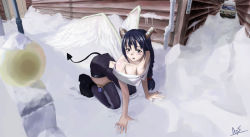 Rule 34 | 1girl, all fours, angel wings, bare shoulders, black hair, blush, breasts, cleavage, crawling, demon girl, demon tail, dragon girl, horns, large breasts, original, saitou atsushi, signature, snow, solo, source request, demon girl, tail, wings