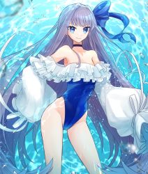 Rule 34 | 1girl, bare shoulders, blue bow, blue choker, blue eyes, blue one-piece swimsuit, bow, bubble, choker, closed mouth, cowboy shot, fate/grand order, fate (series), frilled one-piece swimsuit, frills, hair bow, highleg, highleg swimsuit, highres, kaji sayaka (chouchou387), long hair, looking at viewer, meltryllis, meltryllis (fate), meltryllis (swimsuit lancer) (fate), meltryllis (swimsuit lancer) (second ascension) (fate), one-piece swimsuit, purple hair, sleeves past wrists, smile, solo, standing, strapless, strapless one-piece swimsuit, swimsuit, thighs, water