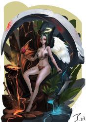 Rule 34 | 1girl, angel wings, asymmetrical wings, barefoot, black nails, blood, blood stain, breasts, chain, demon wings, female focus, green hair, halo, heart (organ), heterochromia, highres, horns, large breasts, maomao, lava, nail polish, nude, orange eyes, original, plant, planted, planted sword, planted weapon, red eyes, scythe, single horn, sitting, solo, sword, toenails, veins, water, weapon, wings