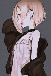 Rule 34 | 1girl, black collar, black jacket, blonde hair, collar, collarbone, dress, ear piercing, empty eyes, flat chest, grey background, hair over one eye, hand up, highres, idolmaster, idolmaster cinderella girls, jacket, jacket partially removed, long bangs, looking to the side, open mouth, piercing, profile, red eyes, ribbed dress, shirasaka koume, short hair, single bare shoulder, sleeveless, sleeveless dress, sleeves past fingers, sleeves past wrists, smile, solo, spaghetti strap, tsuchi (sh spica1), upper body