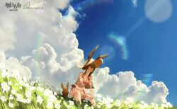 Rule 34 | 1girl, amiya (arknights), animal ears, arknights, bare shoulders, blue sky, breasts, brown hair, brown headwear, closed mouth, cloud, commentary request, copyright name, day, ears through headwear, field, flower, flower field, food, fruit, green eyes, grscubes, hair between eyes, highres, lens flare, long hair, medium breasts, outdoors, rabbit ears, see-through, signature, sky, smile, solo, strawberry, stuffed animal, stuffed rabbit, stuffed toy, white flower