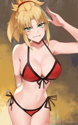 Rule 34 | 1girl, alternate breast size, bare shoulders, bikini, blonde hair, breasts, cleavage, collarbone, commentary, english commentary, fate/grand order, fate (series), front-tie bikini top, front-tie top, green eyes, grin, hair ornament, hair scrunchie, highres, kisou (kisou00), large breasts, leaning forward, mordred (fate), mordred (fate) (all), mordred (fate/apocrypha), mordred (swimsuit rider) (fate), mordred (swimsuit rider) (first ascension) (fate), patreon username, red bikini, salute, scrunchie, short hair, short ponytail, side-tie bikini bottom, smile, solo, swimsuit