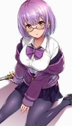 Rule 34 | 10s, 1girl, bad id, bad pixiv id, black skirt, blush, bow, bowtie, boxcutter, breasts, commentary request, glasses, gridman universe, highres, large breasts, long sleeves, looking at viewer, looking over eyewear, looking over glasses, orange eyes, pantyhose, pukara, purple-framed eyewear, purple bow, purple bowtie, semi-rimless eyewear, shinjou akane, shirt, short hair, simple background, sitting, skirt, solo, ssss.gridman, sunglasses, tears, tinted eyewear, under-rim eyewear, white background, white shirt, yellow-tinted eyewear, yellow-tinted glasses