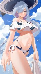 Rule 34 | 1girl, absurdres, bare shoulders, bikini, blue eyes, blue hair, blue sky, braid, breasts, cloud, cowboy shot, earrings, floral print, french braid, genshin impact, haerge, hair over one eye, hat, highres, holding, jewelry, large breasts, light blue hair, long braid, long hair, looking at viewer, multi-strapped bikini, navel, off-shoulder bikini, off shoulder, outdoors, shenhe (genshin impact), side-tie bikini bottom, sky, smile, solo, standing, stomach, sun hat, swimsuit, thighs, very long hair, white bikini