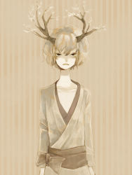 Rule 34 | 1boy, antlers, arms at sides, bow, clona, commentary request, frown, horns, japanese clothes, kimono, male focus, monochrome, muted color, original, pale color, sepia, sepia background, solo, striped, striped background, tree, upper body