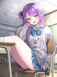 Rule 34 | 1girl, absurdres, ayaoshiro, black choker, blue bow, blue bowtie, blue skirt, bow, bowtie, cardigan, chair, choker, classroom, demon tail, ear piercing, fangs, fingernails, green eyes, grey cardigan, hair bun, highres, hololive, indoors, legs, legs on table, long hair, long sleeves, looking at viewer, multicolored nails, nail polish, on chair, parted bangs, piercing, pink nails, plaid, plaid skirt, purple hair, school uniform, shirt, sitting, skirt, solo, table, tail, teeth, thighs, tokoyami towa, upper teeth only, virtual youtuber, white shirt, yellow nails