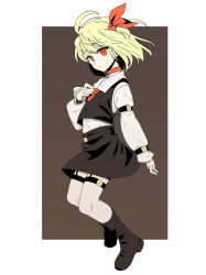 Rule 34 | 1girl, adapted costume, animal collar, arm at side, ascot, belt, black belt, black footwear, black skirt, black vest, blonde hair, blush, boots, border, brown background, collar, collared shirt, dark background, floating hair, full body, hair ribbon, hand on own chest, hand up, hatching (texture), jumping, legwear garter, linear hatching, long sleeves, looking at viewer, looking to the side, miniskirt, outside border, puffy long sleeves, puffy sleeves, red ascot, red collar, red eyes, red ribbon, ribbon, rumia, shamo (koumakantv), shirt, shirt tucked in, short hair, skirt, skirt set, sleeve garter, slit pupils, solo, swept bangs, thigh strap, thighhighs, touhou, vest, white border, white thighhighs, wing collar, zettai ryouiki