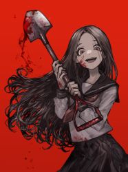 Rule 34 | 1girl, black hair, black sailor collar, black skirt, blood, blood drop, blood on clothes, blood on face, blood on hands, blood splatter, blouse, brown eyes, contrapposto, crazy eyes, dot nose, evil smile, eyelashes, floating hair, hands up, head tilt, highres, holding, holding shovel, kitsu chiri, long eyelashes, long hair, long sleeves, looking at viewer, mag (ma9xxx), neckerchief, open mouth, parted bangs, pleated skirt, puffy long sleeves, puffy sleeves, red background, red neckerchief, sailor collar, sayonara zetsubou sensei, school uniform, shirt, shovel, simple background, skirt, smile, solo, teeth, upper body, upper teeth only, wavy hair, white shirt