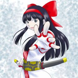 Rule 34 | 1girl, ainu clothes, black hair, blue eyes, breasts, fingerless gloves, gloves, hair ribbon, highres, long hair, looking at viewer, medium breasts, nakoruru, outstretched arm, ribbon, samurai spirits, smile, snk, solo, the king of fighters, weapon