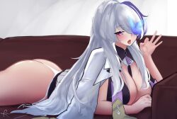 Rule 34 | 1girl, absurdres, ass, azur lane, breasts, fellatio gesture, from side, highres, jacket, jacket on shoulders, large breasts, lying, on stomach, runa (runasi), simple background, thong, tongue, tongue out, underwear, unzen (azur lane), white hair