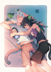 Rule 34 | 2boys, animal ears, arms behind head, black shirt, black shorts, black tail, cat boy, cat ears, cat tail, closed eyes, doll, feet out of frame, fengxi (the legend of luoxiaohei), grey shorts, highres, luo xiaohei, luo xiaohei (human), luo xiaohei zhanji, lying, midriff, multiple boys, multiple persona, parted lips, shirt, short sleeves, shorts, sleeping, sleeveless, sleeveless shirt, suncle, tail, twitter username, white shirt, wuxian (the legend of luoxiaohei)