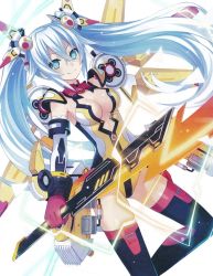 Rule 34 | black heart (neptune), breasts, electricity, gloves, green eyes, hair ornament, hairclip, leggings, leotard, medium breasts, neptune (series), noire (neptunia), official art, red gloves, sword, thighhighs, tsunako, twintails, weapon, white hair, white sleeves, yellow leotard