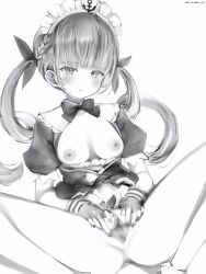 Rule 34 | 1girl, absurdres, ahoge, anchor hat ornament, anchor symbol, anus, blush, bow, bowtie, braid, breasts, censored, closed mouth, collarbone, dress, drill hair, fingernails, greyscale, hair ribbon, hat ornament, highres, hololive, legs, long hair, looking at viewer, maid headdress, minato aqua, monochrome, mosaic censoring, nail polish, nanashi (nlo), nipples, no bra, no panties, pussy, ribbon, short sleeves, simple background, solo, spread legs, spread pussy, sweatdrop, thighs, translation request, twin drills, twintails, virtual youtuber, wrist cuffs