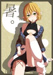 Rule 34 | 1girl, absurdres, amagi tatsuki, bad id, bad pixiv id, blonde hair, blush, cleavage cutout, clothing cutout, collarbone, female focus, framed, green eyes, head tilt, highres, looking at viewer, mizuhashi parsee, mouth hold, off shoulder, outside border, panties, pantyshot, pointy ears, shirt, short hair, sitting, skirt, solo, stick, sweat, touhou, underwear, upskirt, white panties