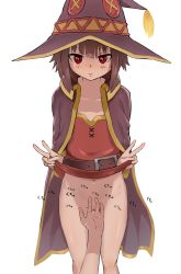 Rule 34 | 1girl, 1other, absurdres, black hair, black hat, cleft of venus, closed mouth, collarbone, double v, fingering, hat, highres, japanese text, kono subarashii sekai ni shukufuku wo!, lifting own clothes, megumin, mumumuka, navel, no panties, pov, pussy, pussy juice, red robe, robe, robe lift, simple background, solo focus, standing, v, white background
