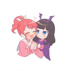 Rule 34 | 2girls, :d, ^ ^, bat wings, blue eyes, blunt bangs, blush, bow, brown hair, capelet, cheek-to-cheek, closed eyes, closed mouth, commentary request, cropped torso, food-themed hair ornament, hair ornament, hairband, happy, heads together, jacket, korean commentary, kurosu aroma, long hair, long sleeves, multiple girls, open mouth, orange hair ornament, paprika private academy school uniform, pink bow, pink hairband, pink jacket, ponytail, pretty series, pripara, purple capelet, red hair, sailor collar, school uniform, shiratama mikan, simple background, smile, sururufu, upper body, white background, white sailor collar, wing hair ornament, wings