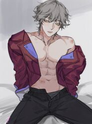 Rule 34 | 1boy, artist name, bed, bite mark, black pants, blush, buttons, caelus (honkai: star rail), closed mouth, collarbone, collared jacket, commentary, cosplay, english commentary, grey background, grey hair, grey male underwear, hair between eyes, hickey, highres, honkai: star rail, honkai (series), jacket, large pectorals, liann1009, long sleeves, looking at viewer, male focus, male underwear, navel, on bed, open clothes, pants, pectorals, puffy long sleeves, puffy sleeves, red jacket, sampo koski, sampo koski (cosplay), short hair, simple background, single bare shoulder, sitting, solo, spread legs, trailblazer (honkai: star rail), underwear, white background, yellow eyes