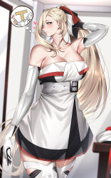 1girl absurdres blonde_hair blue_eyes breasts dress elbow_gloves gloves hair_between_eyes highres kantai_collection kome_cola large_breasts long_hair mole mole_under_eye mole_under_mouth ponytail richelieu_(kancolle) richelieu_deux_(kancolle) smile standing strapless strapless_dress thighhighs thought_bubble very_long_hair white_dress white_gloves