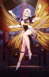 Rule 34 | 1girl, absurdres, aponia (honkai impact), black dress, breasts, brown hair, bug, butterfly, butterfly wings, church, closed mouth, dress, full body, high heels, highres, honkai (series), honkai impact 3rd, indoors, insect, insect wings, long hair, long sleeves, looking at viewer, nun, orange butterfly, own hands together, pelvic curtain, red eyes, rfbyhjr, solo, veil, white legwear, window, wings