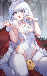Rule 34 | &gt; &lt;, 1girl, absurdres, ahoge, animal ears, azur lane, between legs, blush, braid, breast curtains, breasts, choker, commentary request, couch, fake animal ears, flower, hair flower, hair ornament, highleg, highleg leotard, highres, kokko (kokko3045), le malin (azur lane), le malin (listless lapin) (azur lane), leotard, long hair, looking at viewer, manjuu (azur lane), no shoes, o-ring, o-ring choker, official alternate costume, on couch, open mouth, pantyhose, playboy bunny, roman numeral, silver hair, sitting, small breasts, solo, teeth, thigh strap, twin braids, upper teeth only, very long hair, wariza, white choker, white leotard, white pantyhose, wrist cuffs