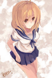 Rule 34 | 10s, 1girl, brown eyes, brown hair, commentary request, eyebrows, kantai collection, oboro (kancolle), parted lips, pleated skirt, school uniform, serafuku, short hair, skirt, solo, yanagi wakana