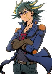 Rule 34 | 1boy, absurdres, black hair, black shirt, blonde hair, blue jacket, blue pants, collarbone, cowboy shot, crossed arms, facial mark, fudo yusei, highres, jacket, looking up, multicolored hair, open clothes, open jacket, pants, shirt, simple background, solo, spiked hair, streaked hair, white background, youko-shima, yu-gi-oh!, yu-gi-oh! 5d&#039;s