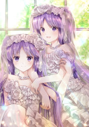 Rule 34 | 2girls, :d, bare arms, bare shoulders, blush, closed mouth, commentary request, day, dress, euryale (fate), fate/hollow ataraxia, fate (series), flower, hair flower, hair ornament, highres, indoors, iroha (shiki), jewelry, multiple girls, necklace, open mouth, parted bangs, purple eyes, purple hair, ring, rose, see-through, siblings, sisters, sitting, smile, standing, stheno (fate), strapless, strapless dress, sunlight, twins, veil, white dress, white flower, white rose, window