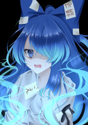 Rule 34 | 1girl, @ @, absurdres, aura, black background, blue eyes, blue hair, bow, commentary request, debt, flat chest, grey hoodie, hair between eyes, hair bow, hair over one eye, highres, hood, hood down, hoodie, long hair, looking at viewer, mikan 763, open mouth, shaded face, simple background, sleeves past fingers, sleeves past wrists, solo, touhou, upper body, yorigami shion