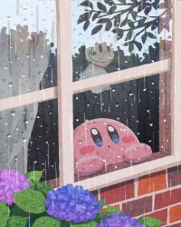 Rule 34 | :o, blue eyes, blush, blush stickers, branch, brick wall, closed mouth, commentary request, curtains, flower, highres, hydrangea, indoors, kirby, kirby (series), leaf, looking outside, miclot, nintendo, no humans, pink flower, plant, purple flower, rain, teruterubouzu, waddle dee, water drop, window