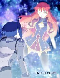 Rule 34 | 10s, 1boy, 1girl, bad id, bad twitter id, blue eyes, blue hair, braid, breasts, cleavage cutout, clothing cutout, closed eyes, gloves, highres, kanoya rui, long hair, outstretched hand, pilot suit, re:creators, red hair, selesia upitiria, short hair, smile, spoilers, twin braids