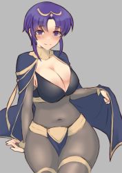Rule 34 | 1girl, alternate costume, blue cape, blue eyes, blue hair, blush, bodystocking, breasts, bridal gauntlets, cape, circlet, cleavage, closed mouth, cosplay, covered navel, dark mage (fire emblem awakening), fire emblem, fire emblem: the blazing blade, fire emblem awakening, fire emblem heroes, full-face blush, grey background, highres, large breasts, looking at viewer, medium hair, nintendo, outline, ryumi-gin, simple background, sitting, skin tight, smile, solo, tharja (fire emblem), tharja (fire emblem) (cosplay), tiara, ursula (fire emblem)