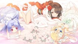Rule 34 | 3girls, agarest senki (series), agarest senki mariage, bed sheet, blade (galaxist), blonde hair, blue eyes, breasts, brown eyes, brown hair, choker, cleavage, detached sleeves, dress, facial mark, flower, forehead mark, gloves, hair flower, hair ornament, highres, japanese clothes, jiolet, kimono, large breasts, long hair, long sleeves, looking at viewer, lying, multiple girls, non-web source, obi, official art, on back, on stomach, petals, photoshop (medium), piadina, ponytail, purple hair, red eyes, saika (agarest senki), sash, smile, thighhighs, twintails, updo, very long hair, white choker, white dress, white gloves, white thighhighs, white wings, wide sleeves, wings