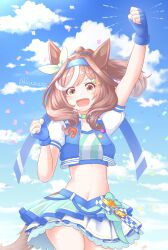 Rule 34 | absurdres, alternate costume, alternate hairstyle, animal ears, arm up, breasts, brown eyes, brown hair, clenched hands, commentary request, crop top, hair ornament, hairclip, headband, highres, horse ears, horse girl, horse tail, kazuto (tzgp8384), looking at viewer, matikane tannhauser (blue turbulence) (umamusume), matikane tannhauser (umamusume), medium breasts, medium hair, midriff, navel, open mouth, sky, tail, twitter username, umamusume