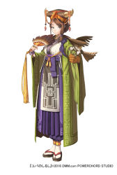 Rule 34 | 1girl, bird, bird on hand, brown eyes, brown gloves, brown hair, brown hat, falcon, feather fan, full body, gloves, hat, horns, looking at viewer, magatama, medium hair, official art, robe, sandals, simple background, single glove, single sidelock, smile, solo, standing, white background, white footwear, wide sleeves, yuba no shirushi, zenmaibook