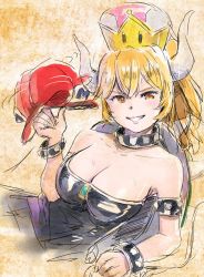 Rule 34 | 1girl, alternate eye color, bare shoulders, baseball cap, black dress, blonde hair, blue eyes, bowsette, bracelet, breasts, brown eyes, cleavage, collar, collarbone, commentary request, crown, dress, grin, hair between eyes, hat, highres, holding, horns, jewelry, large breasts, long hair, looking at viewer, mario (series), mayo riyo, multicolored background, new super mario bros. u deluxe, nintendo, open mouth, ponytail, sharp teeth, sketch, smile, solo, spiked bracelet, spiked collar, spikes, strapless, strapless dress, super crown, tail, teeth