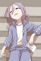 Rule 34 | 1girl, absurdres, blue jacket, blue pants, braid, commentary request, grey eyes, gym shirt, hair between eyes, hair over shoulder, highres, holding, jacket, long hair, looking away, looking to the side, lying, on back, open clothes, open jacket, open mouth, pants, parted bangs, purple hair, shirt, sidelocks, solo, soredemo ayumu wa yosetekuru, track jacket, track pants, translation request, twin braids, white shirt, yamamoto souichirou, yaotome urushi