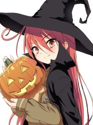 1girl black_hat blush bow brown_bow brown_cloak brown_eyes brown_sailor_collar brown_shirt cloak closed_mouth commentary_request food fruit hair_between_eyes hands_up hat holding holding_food holding_fruit jack-o&#039;-lantern kotsu long_hair long_sleeves puffy_long_sleeves puffy_sleeves red_hair sailor_collar school_uniform serafuku shakugan_no_shana shana shirt simple_background sleeves_past_wrists smile solo upper_body very_long_hair white_background witch_hat