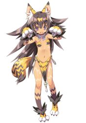 Rule 34 | 1girl, akuma de oshioki!, animal ears, animal hands, arms up, black hair, blade (galaxist), bodypaint, cat ears, cat tail, claws, flat chest, full body, gloves, loincloth, long hair, lowres, midriff, navel, necktie, official art, open mouth, paw gloves, paw pose, paw shoes, purple eyes, shoes, simple background, solo, tail, uru (akuma de oshioki!), white background