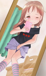Rule 34 | 1girl, aruta (omoalta), bare shoulders, between legs, black shirt, blush, brown hair, cellphone, chair, child, closed mouth, curtains, day, desk, dutch angle, embarrassed, female focus, flat chest, frilled skirt, frills, full-length mirror, hand between legs, hand up, have to pee, head tilt, heart, heart print, highres, holding, holding phone, indoors, kneehighs, knees together feet apart, light rays, long hair, looking at viewer, miniskirt, mirror, off-shoulder shirt, off shoulder, one eye closed, original, phone, pink socks, purple skirt, red eyes, reflection, selfie, shirt, short sleeves, skirt, smartphone, socks, solo, standing, striped clothes, striped socks, tears, wince