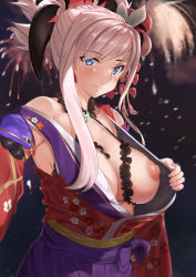 Rule 34 | 1girl, absurdres, blue eyes, blue kimono, blush, breasts, clothes pull, detached sleeves, earrings, fate/grand order, fate (series), hair ornament, highres, japanese clothes, jewelry, kimono, large breasts, long hair, looking at viewer, magatama, miyamoto musashi (fate), nipples, pink hair, ponytail, ryouya, sash, sleeveless, sleeveless kimono, smile, solo, swept bangs