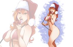 Rule 34 | 1girl, absurdres, ass, breasts, candy, christmas, closed eyes, curvy, food, hat, highres, huge ass, large breasts, licking foot, lips, long hair, navel, orange hair, pedro perez, phallic symbol, santa hat, slingshot swimsuit, standing, swimsuit, trizia (character), trizia (pedro perez), wide hips, zoom layer